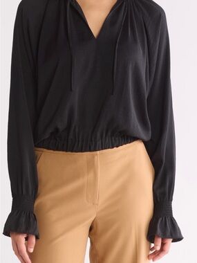 Black  DKNY V-Neck Drawstring Elastic-Hem Women's Top size M